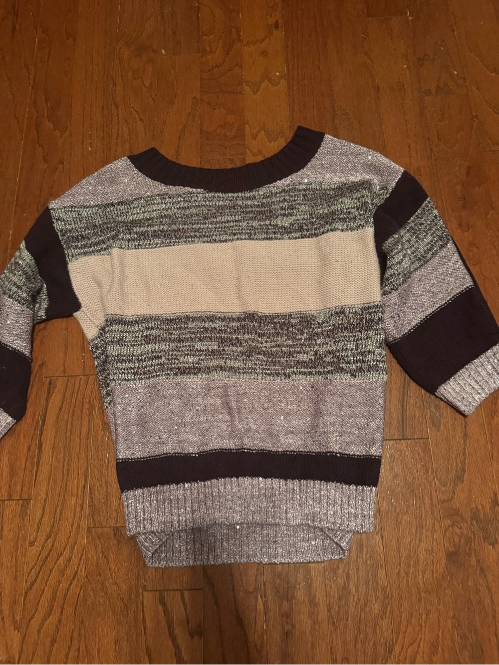 New York & Company Striped Crewneck Sweater in Cream, Gray, Purple